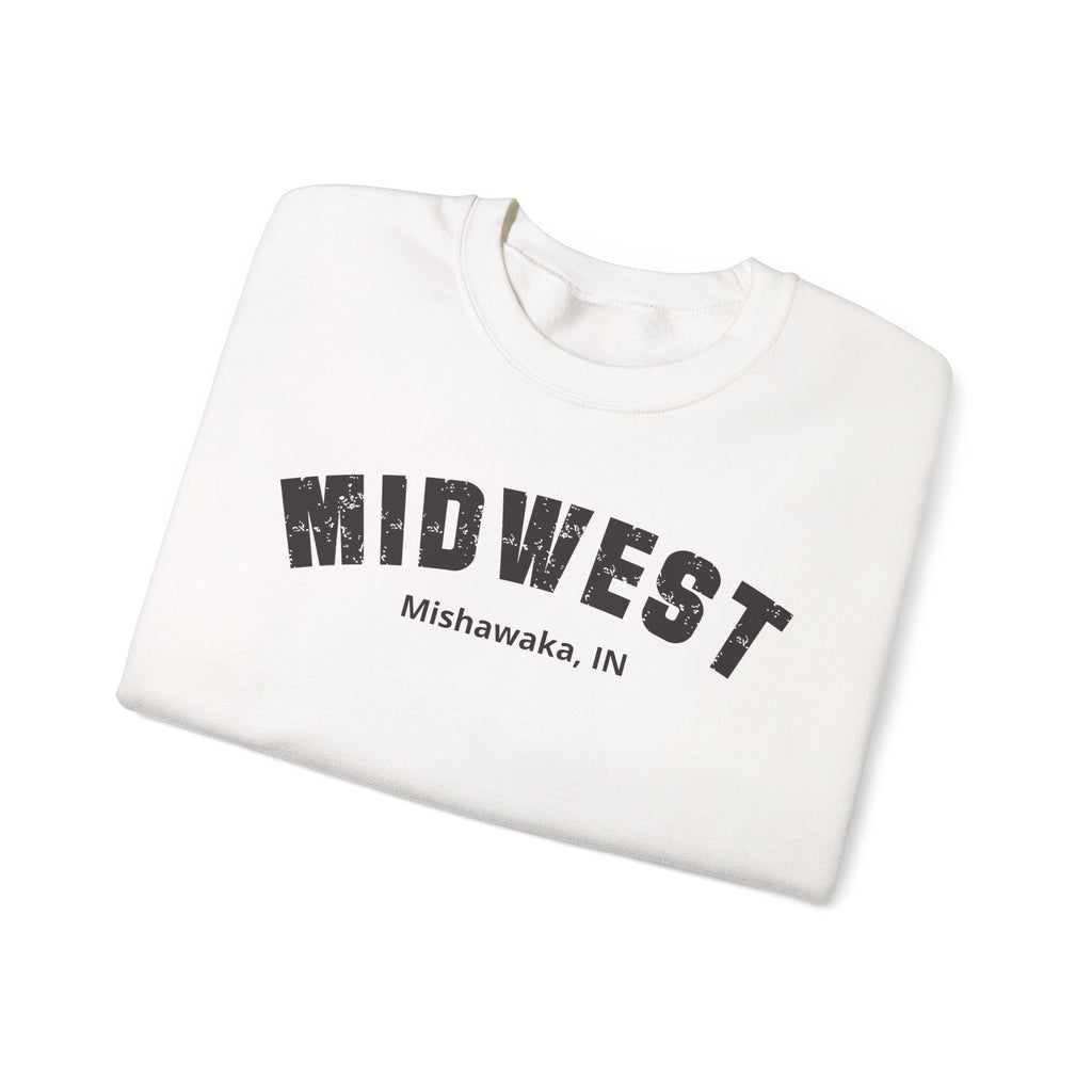 White custom Midwest crewneck folded, showing the Mishawaka, IN personalization