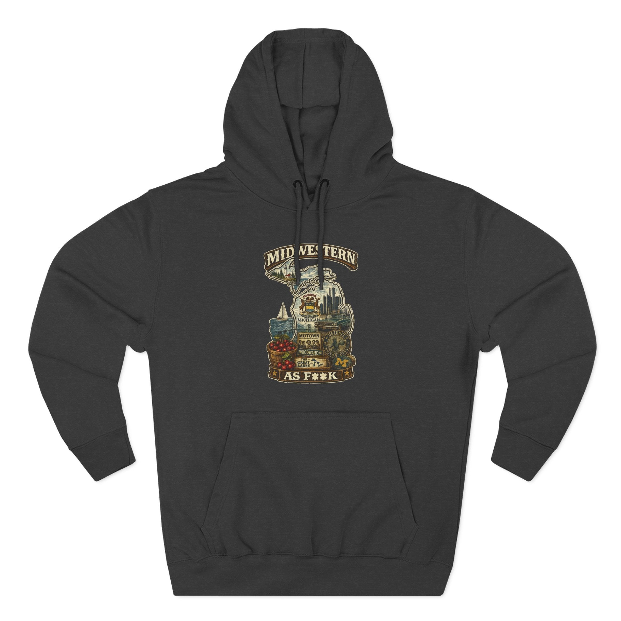 Slightly Salty Midwestern As F**K Michigan Hoodie in Charcoal Heather – a distressed vintage design featuring Michigan's Upper and Lower Peninsulas overlaid with the state outline, surrounded by Detroit's skyline, Woodward Avenue, the Great Lakes, and Traverse City cherries