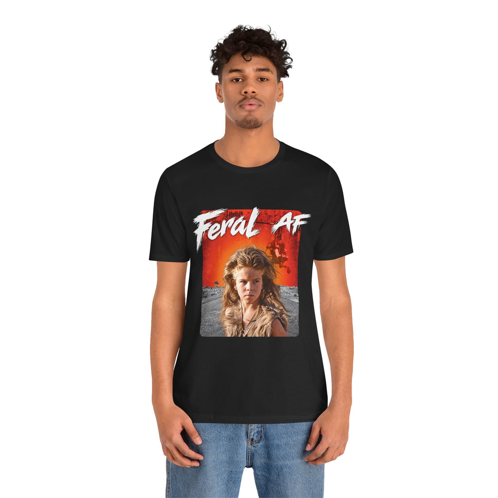 Man wearing the Black Feral AF tee straight on, front print centred below the crew neck
