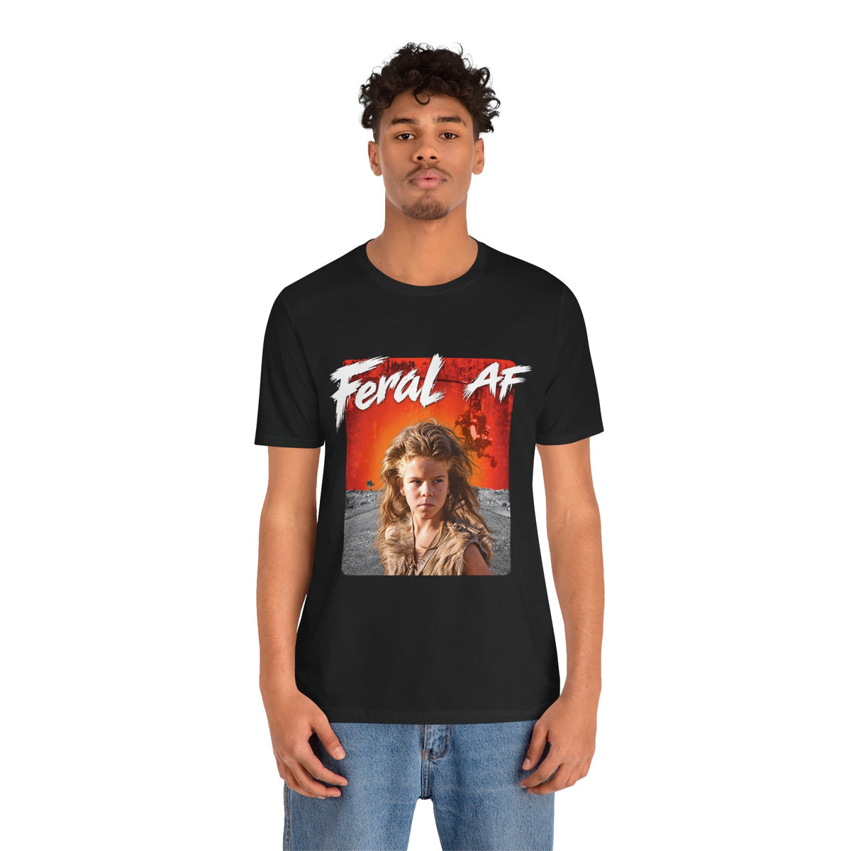 Man wearing the Black Feral AF tee straight on, front print centred below the crew neck