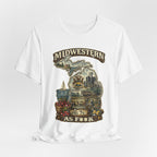Slightly Salty Midwestern As F**K Michigan T-Shirt – product photo 23 featuring a distressed vintage design featuring Michigan's Upper and Lower Peninsulas overlaid with the state outline, surrounded by Detroit's skyline, Woodward Avenue, the Great Lakes, and Traverse City cherries