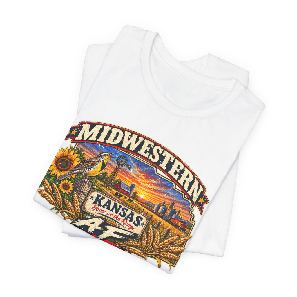 Folded white Kansas AF tee showing the prairie sunset artwork up close
