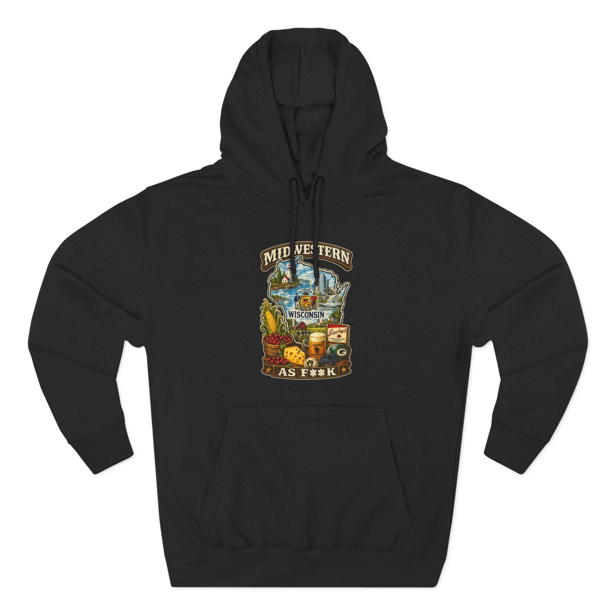 Black Midwestern As F**K Wisconsin Hoodie, slightly salty Cheesehead State pride pullover