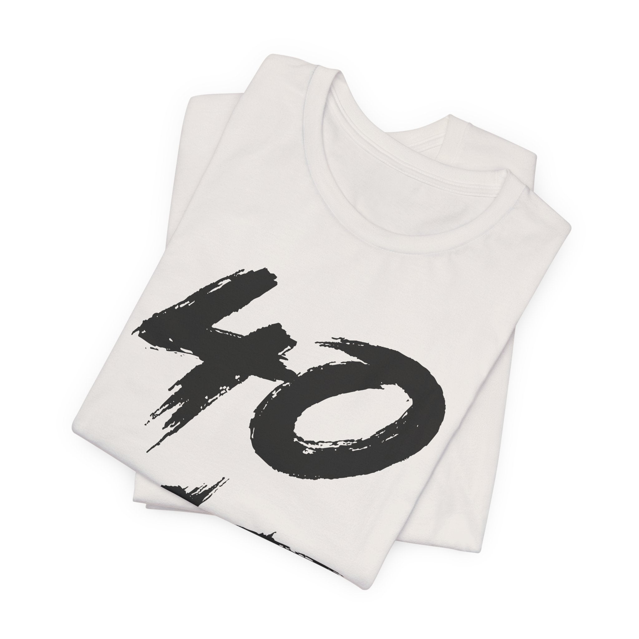 Folded Vintage White tees stacked, customized 40 print visible in black on the top fold