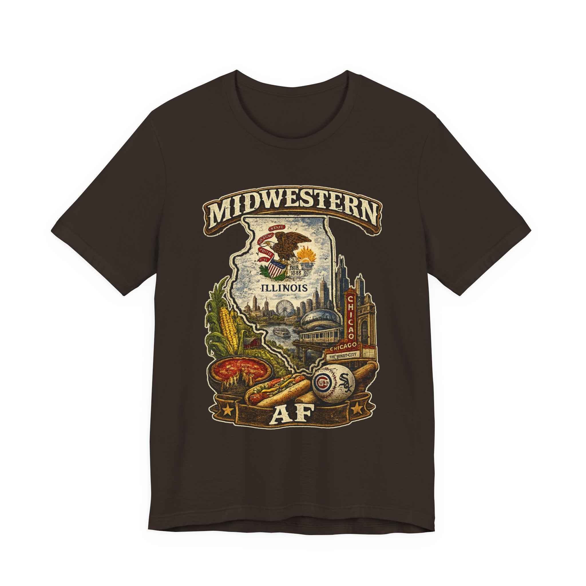 Family Friendly Midwestern AF Illinois T-Shirt in Brown – a distressed vintage design featuring the Illinois state outline overlaid with the state flag, surrounded by the Chicago skyline, the Chicago Theatre sign, The Bean, deep-dish pizza, a Chicago-style hot dog, and towering corn fields