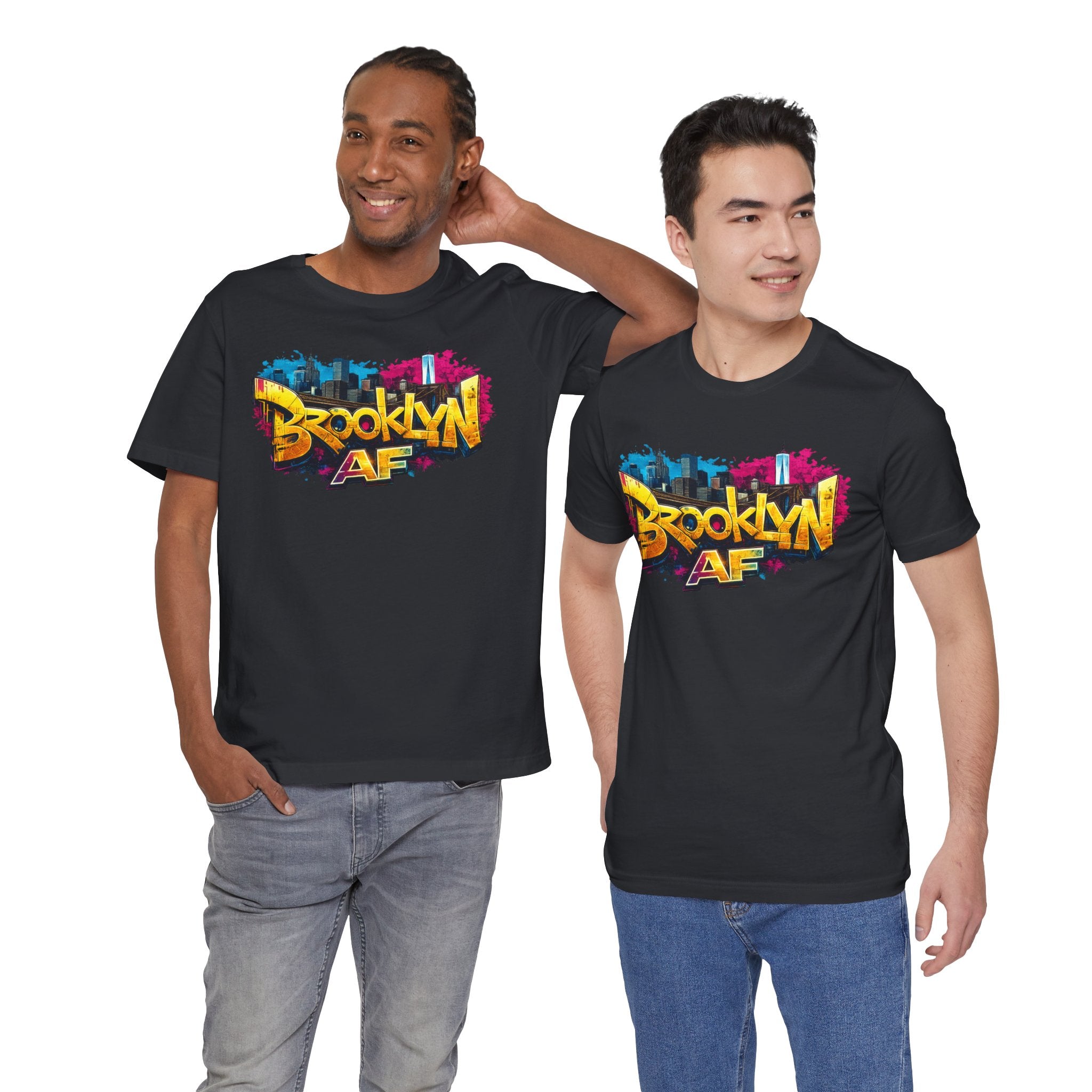 Black t-shirts worn by two male models, front view, featuring graffiti-style Brooklyn AF lettering over a skyline.