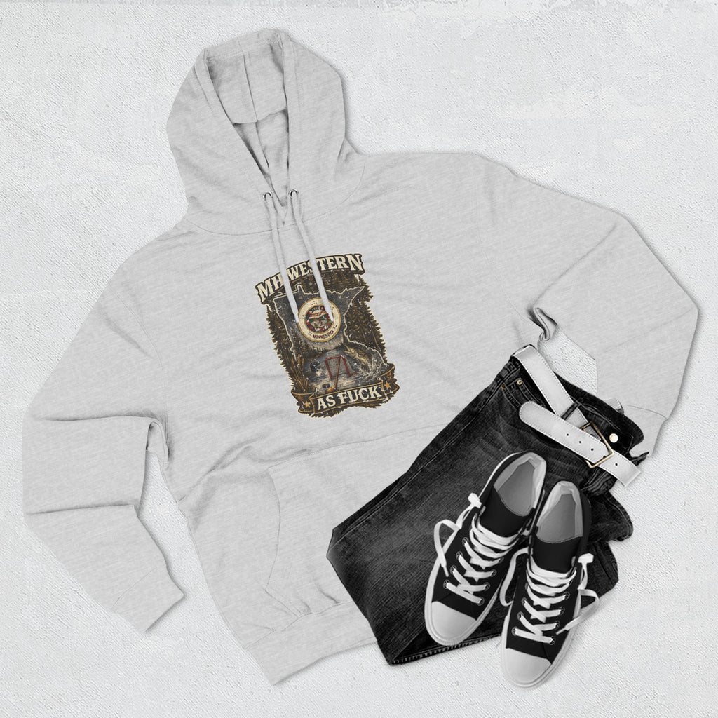 No Filter Midwestern As Fuck Minnesota Hoodie – product photo 13 featuring the distressed state flag, pine trees, loon and walleye design