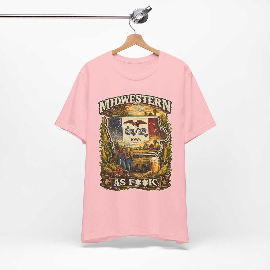 Slightly Salty Midwestern As F**K Iowa T-Shirt – product photo 18 featuring a distressed vintage design featuring the outline of Iowa overlaid with the Iowa state flag, surrounded by towering corn stalks, rolling farmland, a classic red barn, a windmill, a tractor, and an overflowing harvest basket