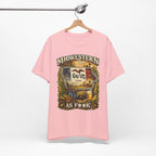 Slightly Salty Midwestern As F**K Iowa T-Shirt – product photo 18 featuring a distressed vintage design featuring the outline of Iowa overlaid with the Iowa state flag, surrounded by towering corn stalks, rolling farmland, a classic red barn, a windmill, a tractor, and an overflowing harvest basket
