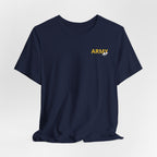 Army veteran T-shirt in Navy shown draped with the personalized gold ARMY chest print