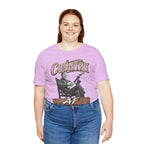 Woman in the Heather Prism Lilac Country AF tee and blue jeans