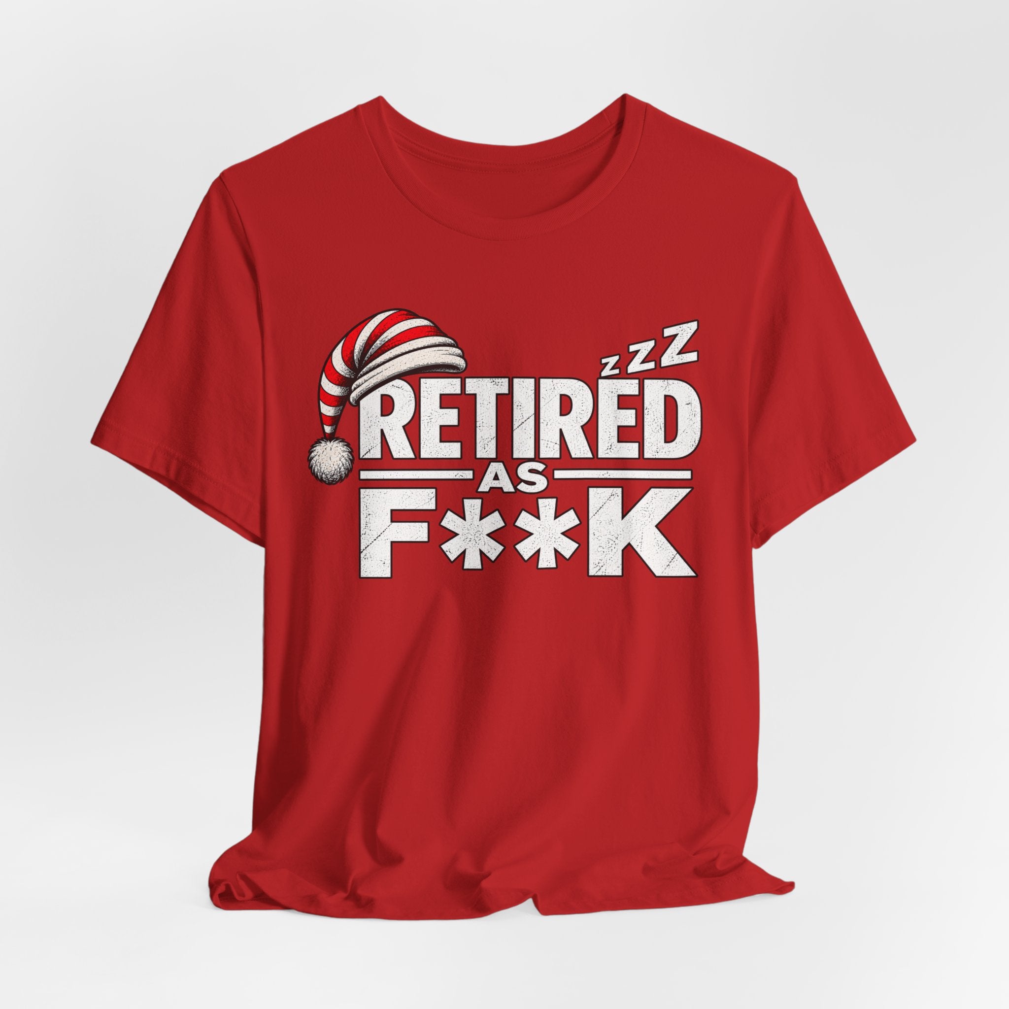 Red Retired As F**K T-shirt draped loosely, showing the sleeping-cap retirement graphic