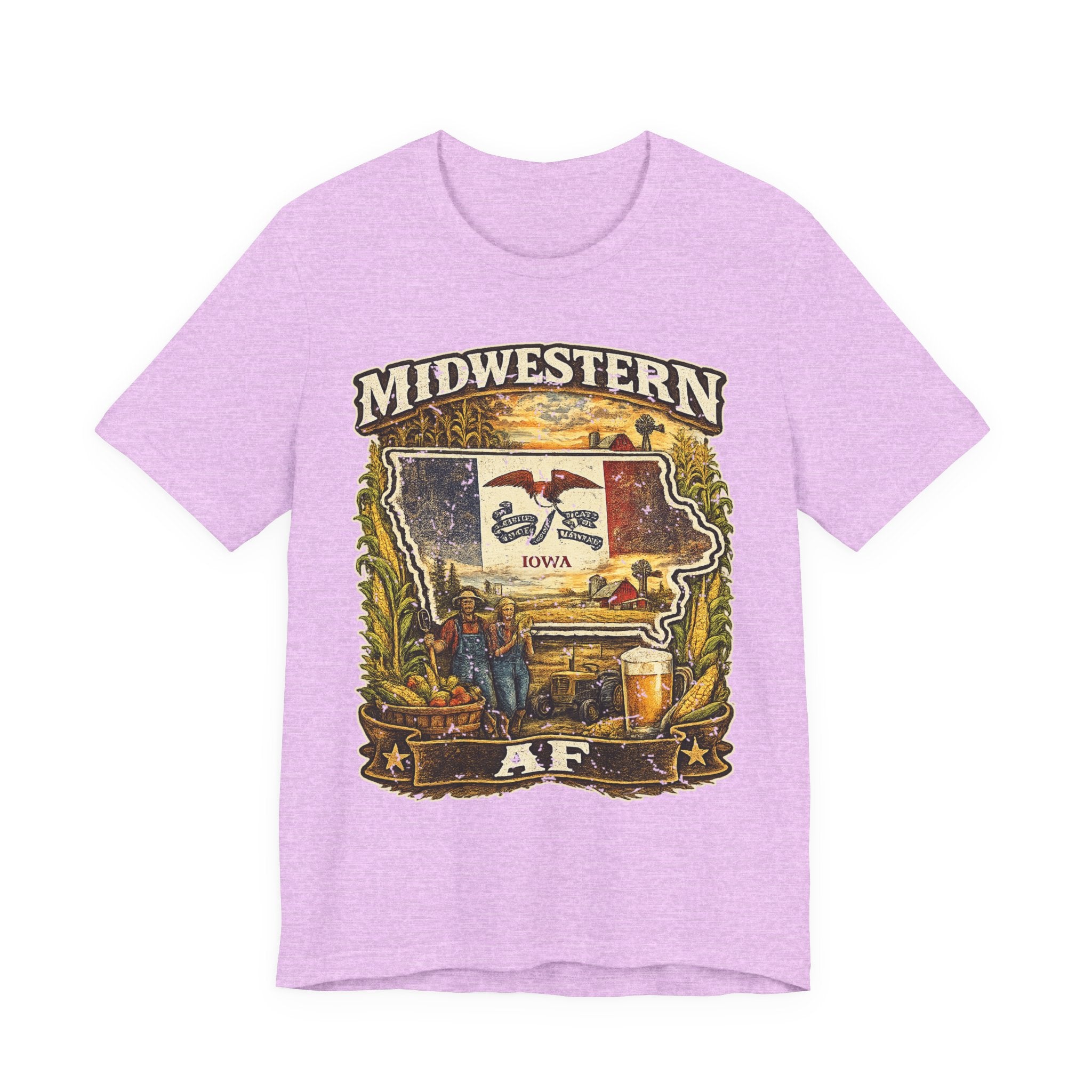 Family Friendly Midwestern AF Iowa T-Shirt in Heather Prism Lilac – a distressed vintage design featuring the outline of Iowa overlaid with the Iowa state flag, surrounded by towering corn stalks, rolling farmland, a classic red barn, a windmill, a tractor, and an overflowing harvest basket