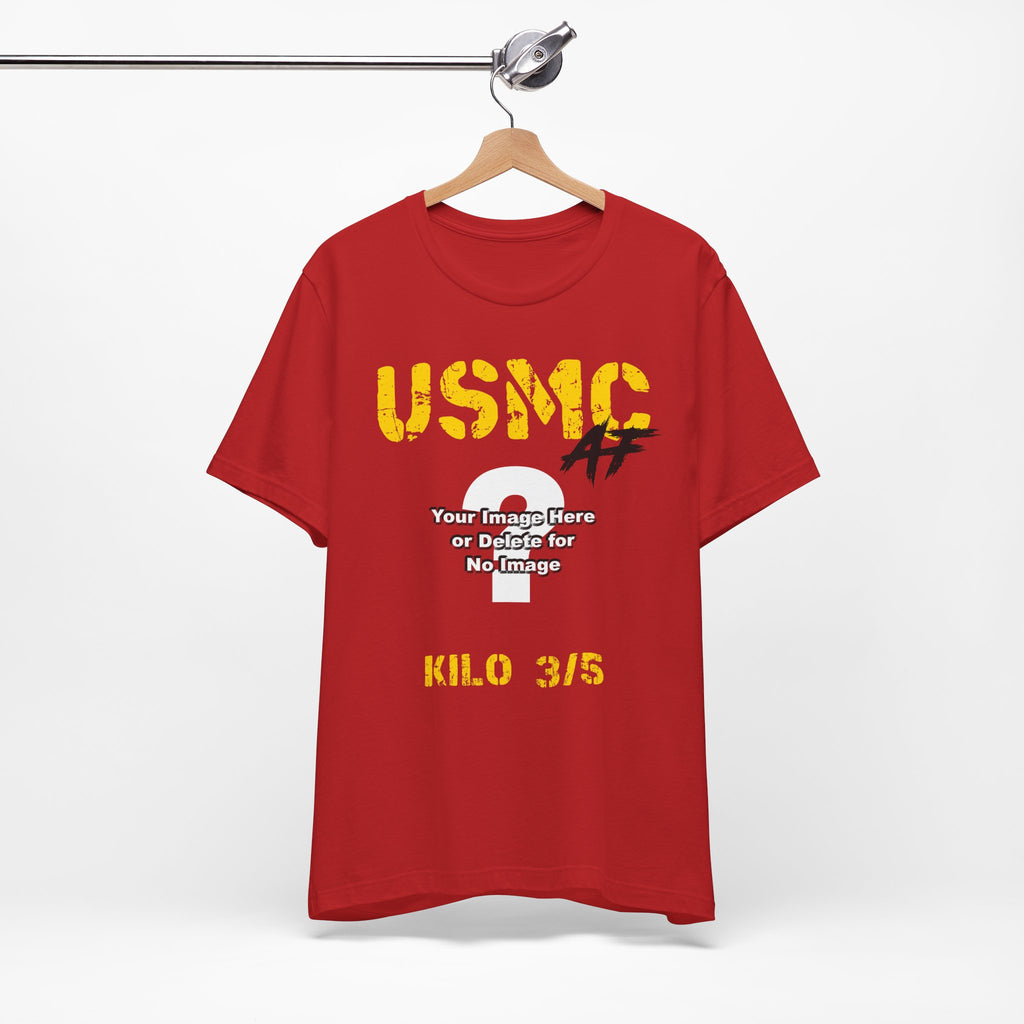 Personalized USMC Marine Corps AF T-shirt in Red on a wooden hanger