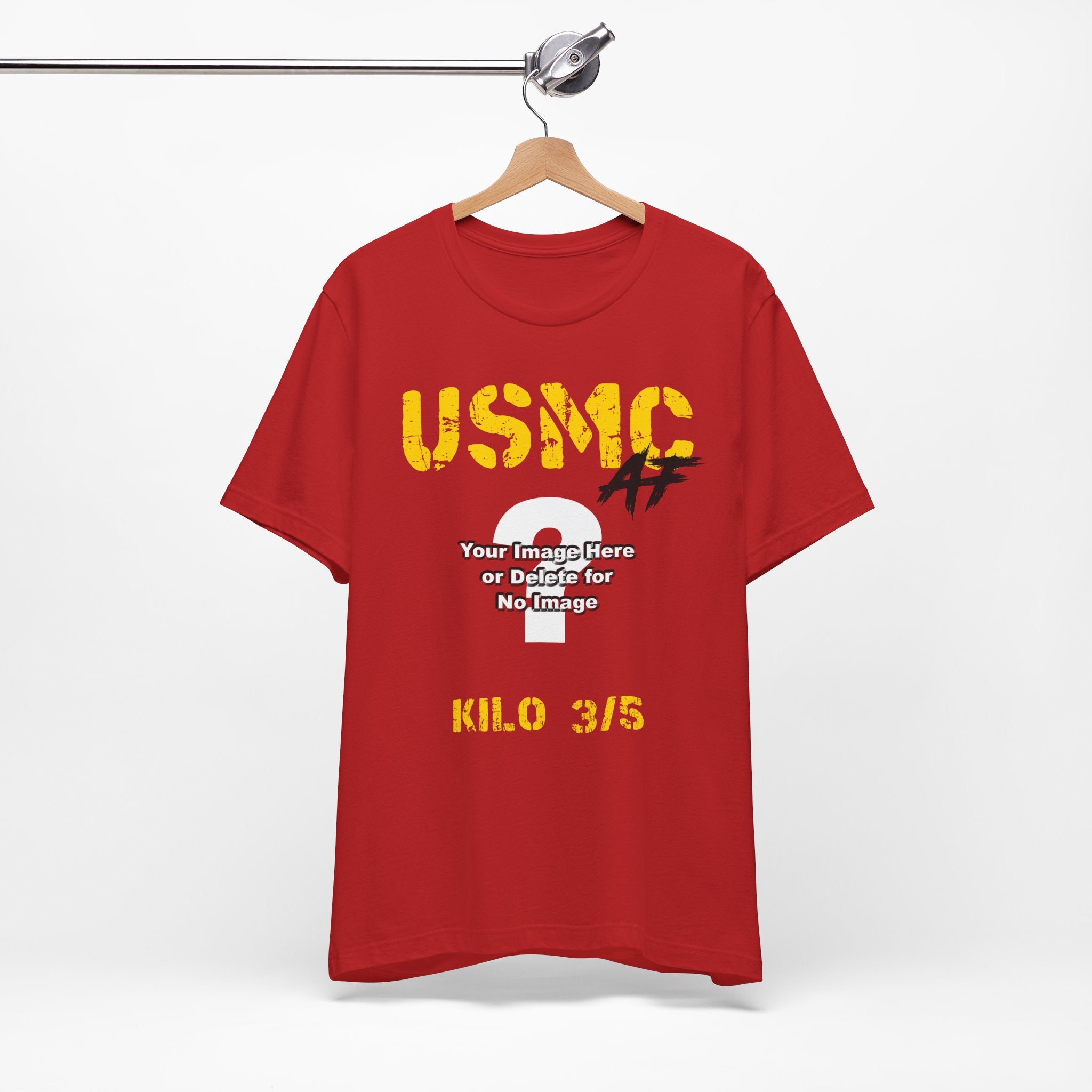 Personalized USMC Marine Corps AF T-shirt in Red on a wooden hanger