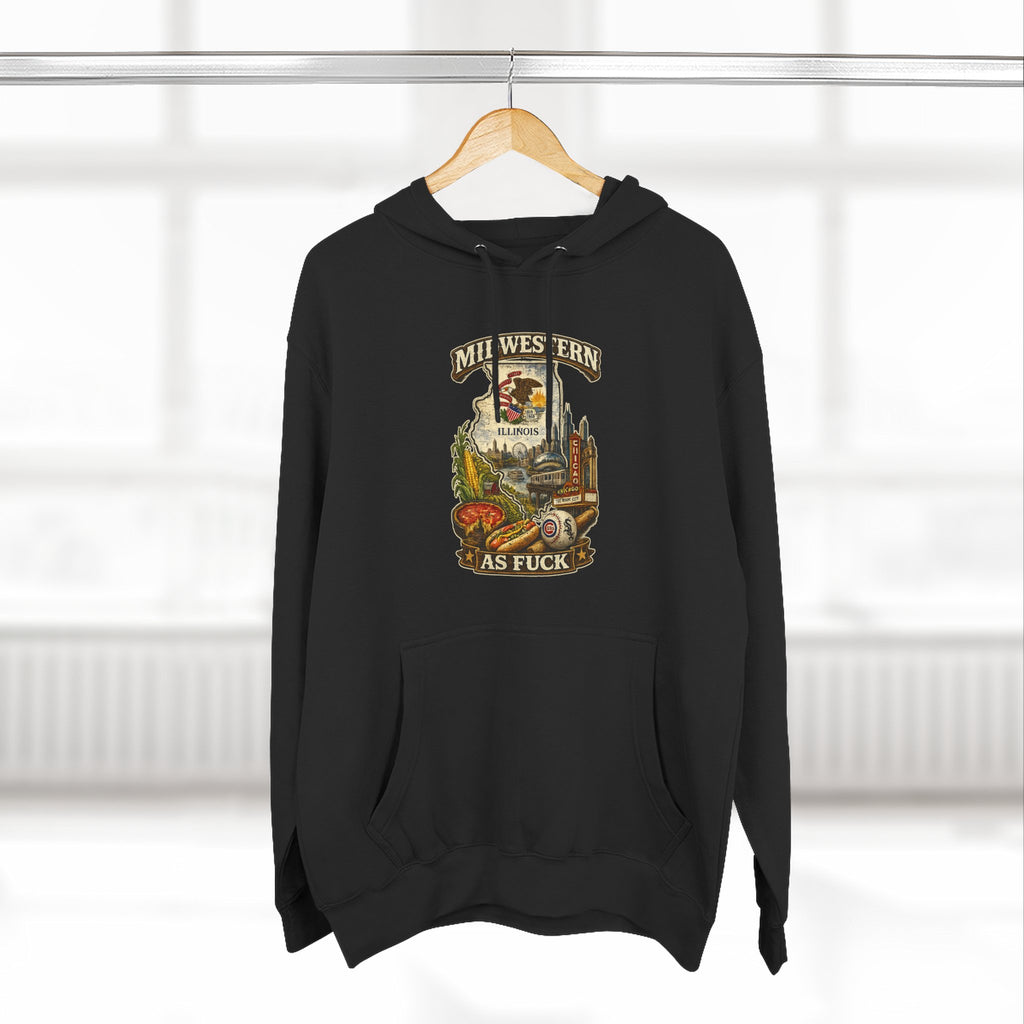 Midwestern As Fuck Illinois Hoodie – product photo 6 featuring a distressed vintage design featuring the Illinois state outline overlaid with the state flag, surrounded by the Chicago skyline, the Chicago Theatre sign, The Bean, deep-dish pizza, a Chicago-style hot dog, and towering corn fields