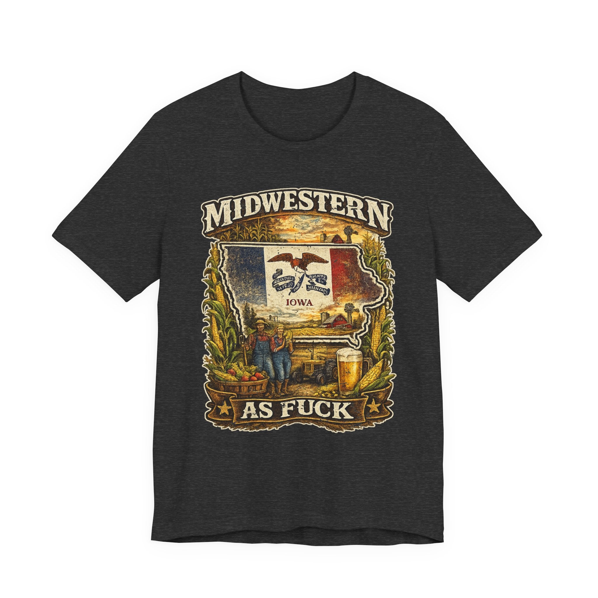 Midwestern As Fuck Iowa T-Shirt in Dark Grey Heather – a distressed vintage design featuring the outline of Iowa overlaid with the Iowa state flag, surrounded by towering corn stalks, rolling farmland, a classic red barn, a windmill, a tractor, and an overflowing harvest basket