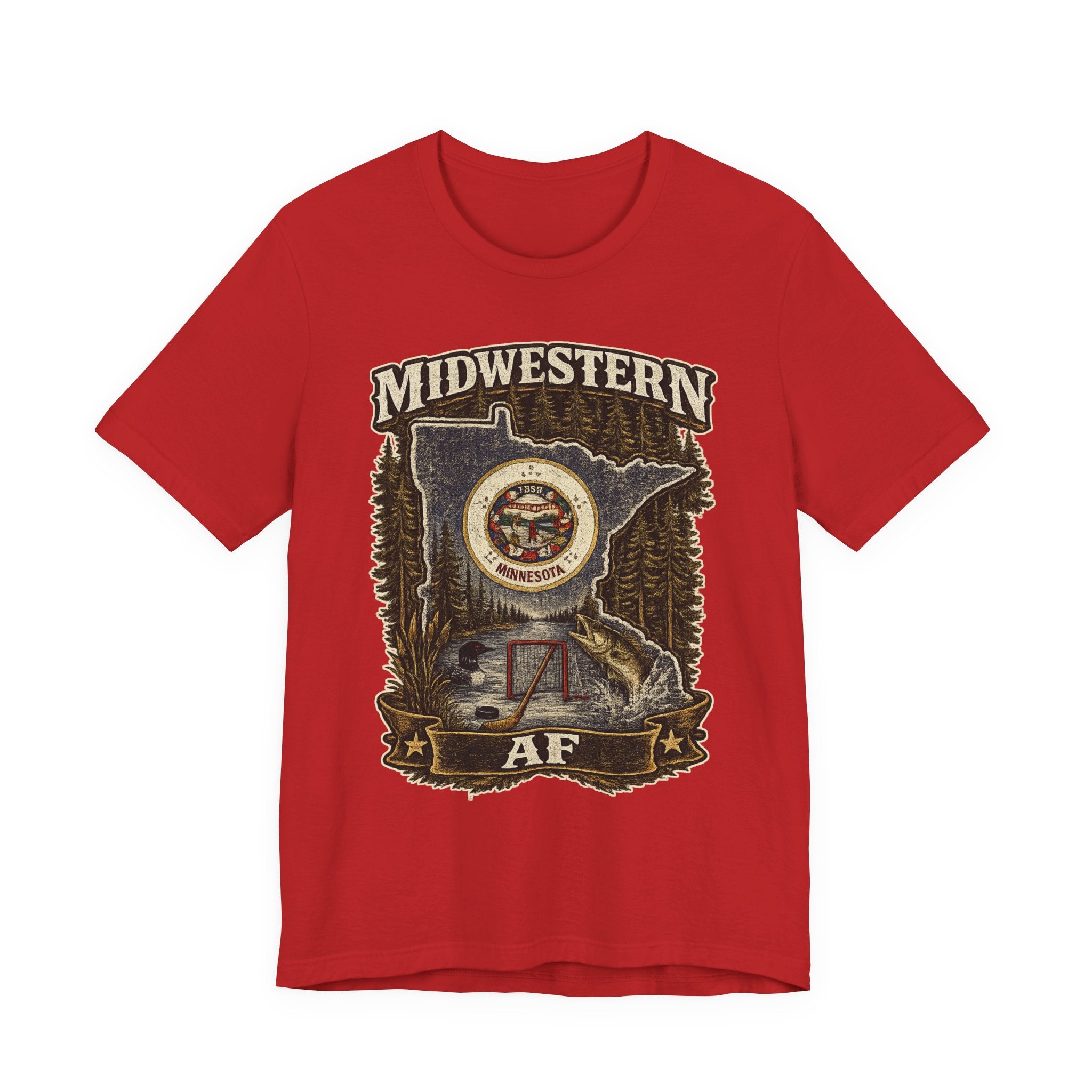 Family Friendly Midwestern AF Minnesota T-Shirt in Red – distressed Minnesota state flag design with pine trees, loon and walleye