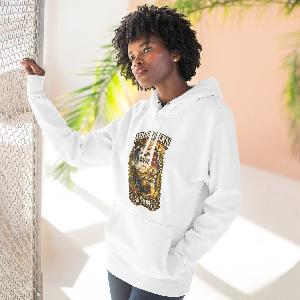 Slightly Salty Midwestern As F**K Iowa Hoodie – product photo 1 featuring a distressed vintage design featuring the outline of Iowa overlaid with the Iowa state flag, surrounded by towering corn stalks, rolling farmland, a classic red barn, a windmill, a tractor, and an overflowing harvest basket