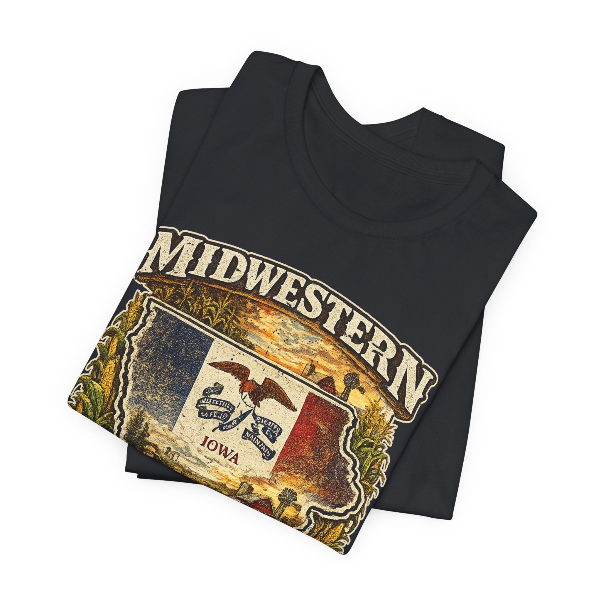 Midwestern As Fuck Iowa T-Shirt – product photo 27 featuring a distressed vintage design featuring the outline of Iowa overlaid with the Iowa state flag, surrounded by towering corn stalks, rolling farmland, a classic red barn, a windmill, a tractor, and an overflowing harvest basket