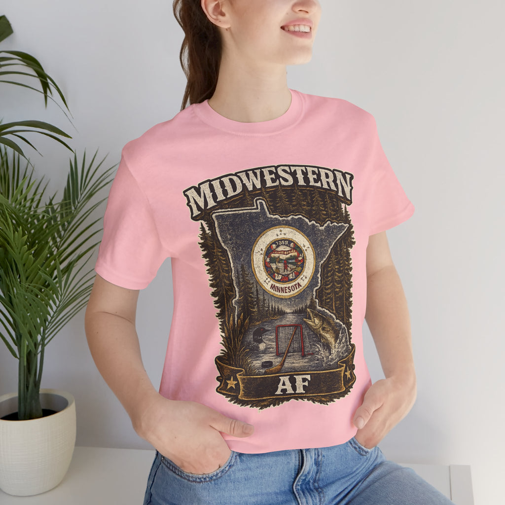 Family Friendly Midwestern AF Minnesota T-Shirt – product photo 16 featuring the distressed state flag, pine trees, loon and walleye design