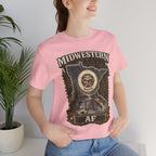 Family Friendly Midwestern AF Minnesota T-Shirt – product photo 16 featuring the distressed state flag, pine trees, loon and walleye design