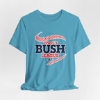 Heather Aqua Bush League AF tee laid flat, red stitching curving around the navy lettering