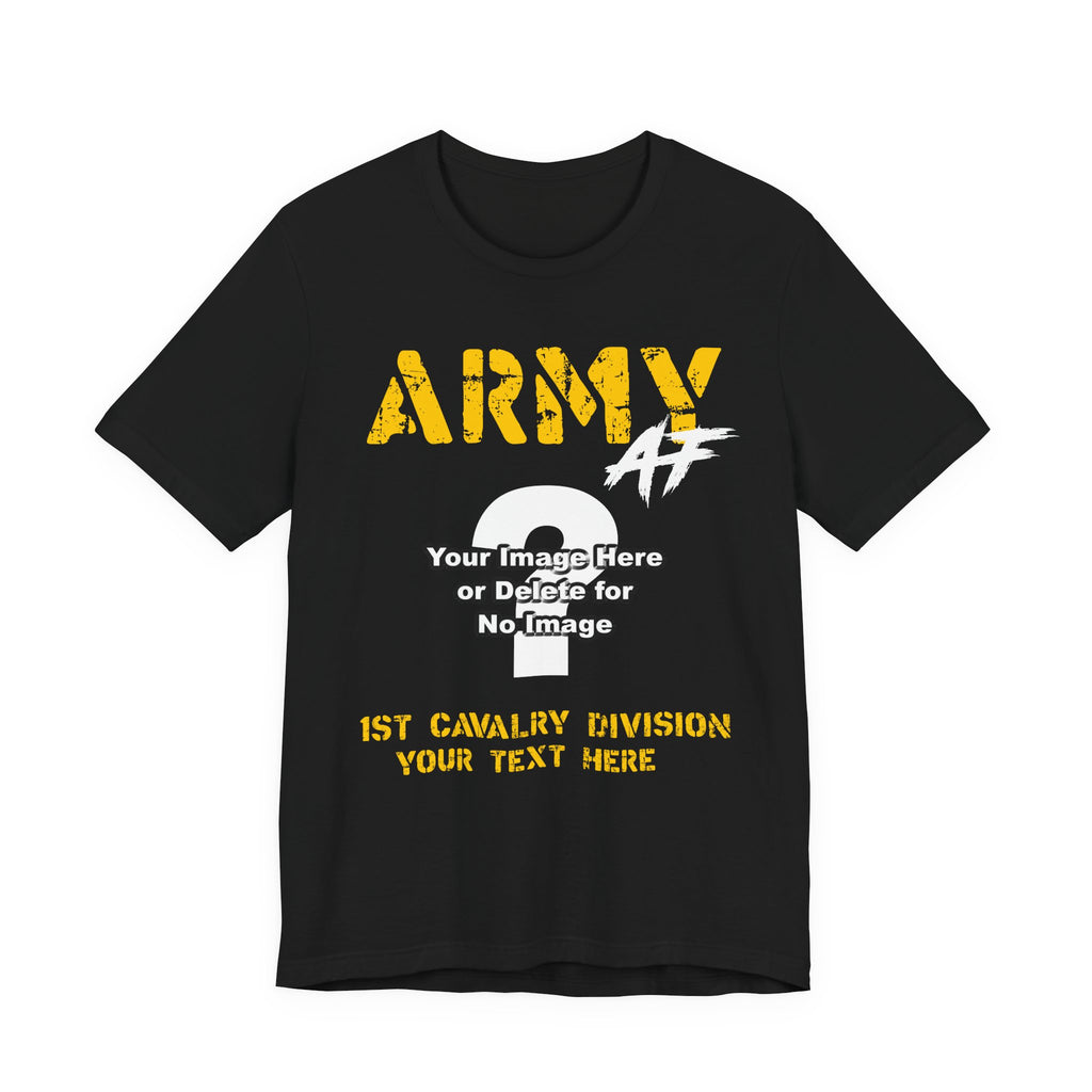 Personalized U.S. Army AF T-shirt in Black with gold ARMY lettering, a custom photo area and unit text