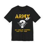 Personalized U.S. Army AF T-shirt in Black with gold ARMY lettering, a custom photo area and unit text