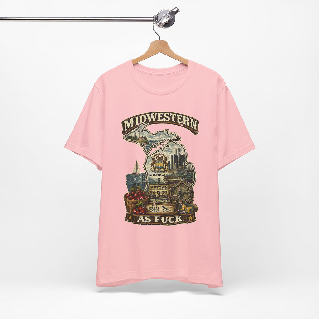 Midwestern As Fuck Michigan T-Shirt – product photo 17 featuring a distressed vintage design featuring Michigan's Upper and Lower Peninsulas overlaid with the state outline, surrounded by Detroit's skyline, Woodward Avenue, the Great Lakes, and Traverse City cherries