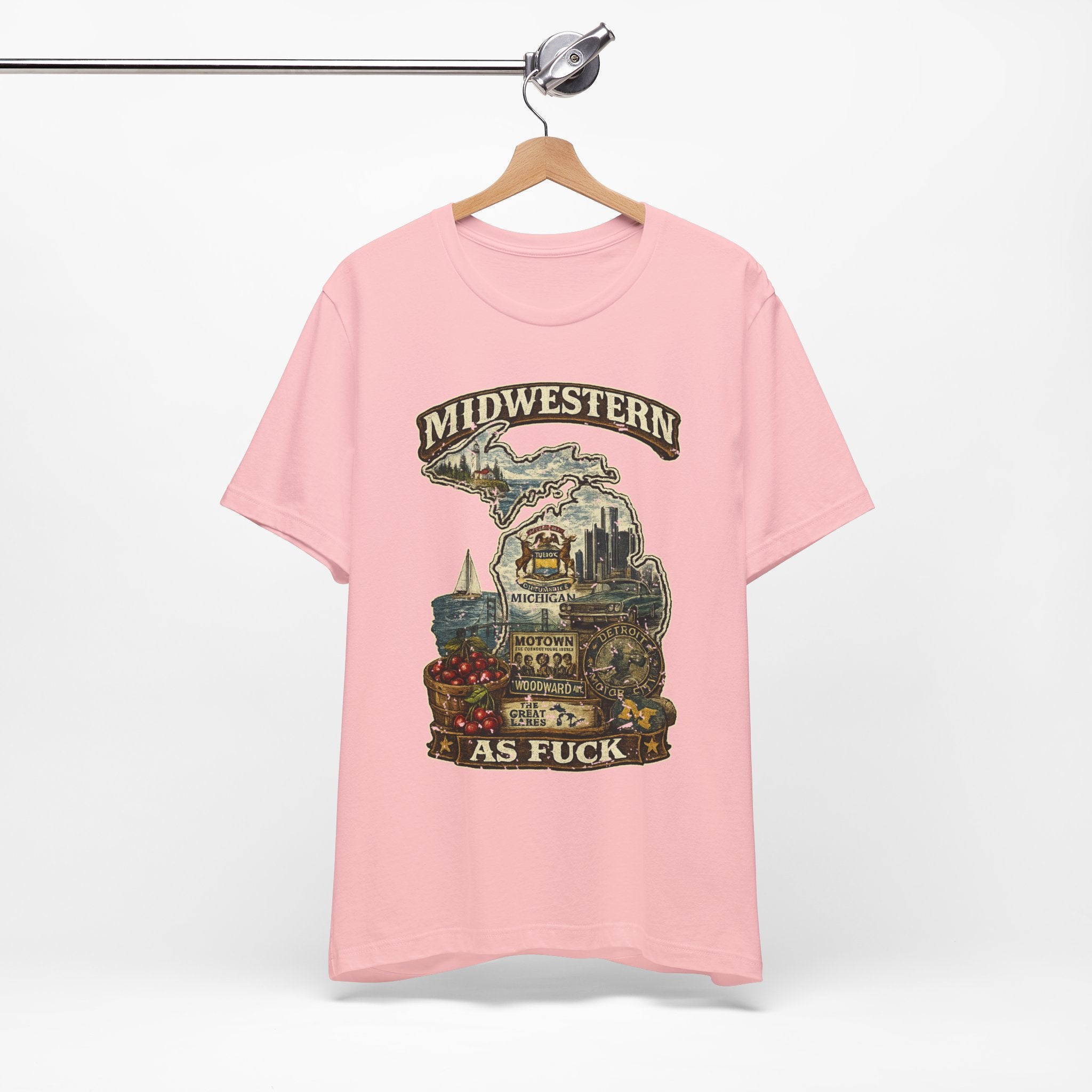Midwestern As Fuck Michigan T-Shirt – product photo 17 featuring a distressed vintage design featuring Michigan's Upper and Lower Peninsulas overlaid with the state outline, surrounded by Detroit's skyline, Woodward Avenue, the Great Lakes, and Traverse City cherries