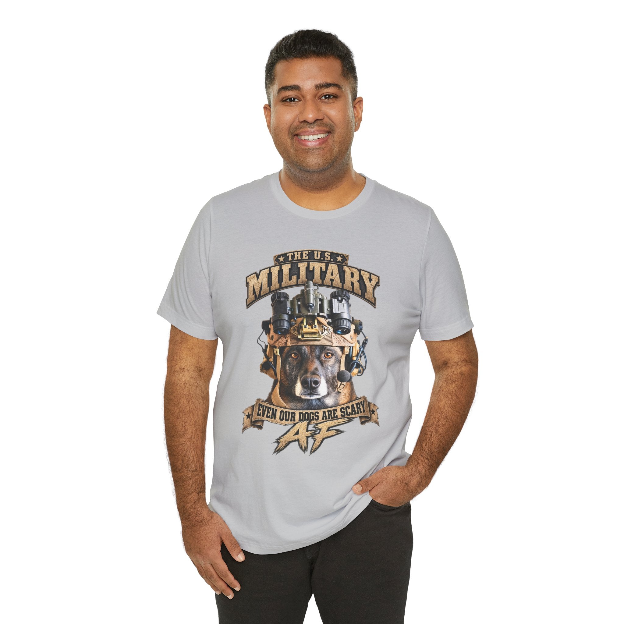 Smiling man wearing the Military K-9 T-shirt in Solid Athletic Grey, front view