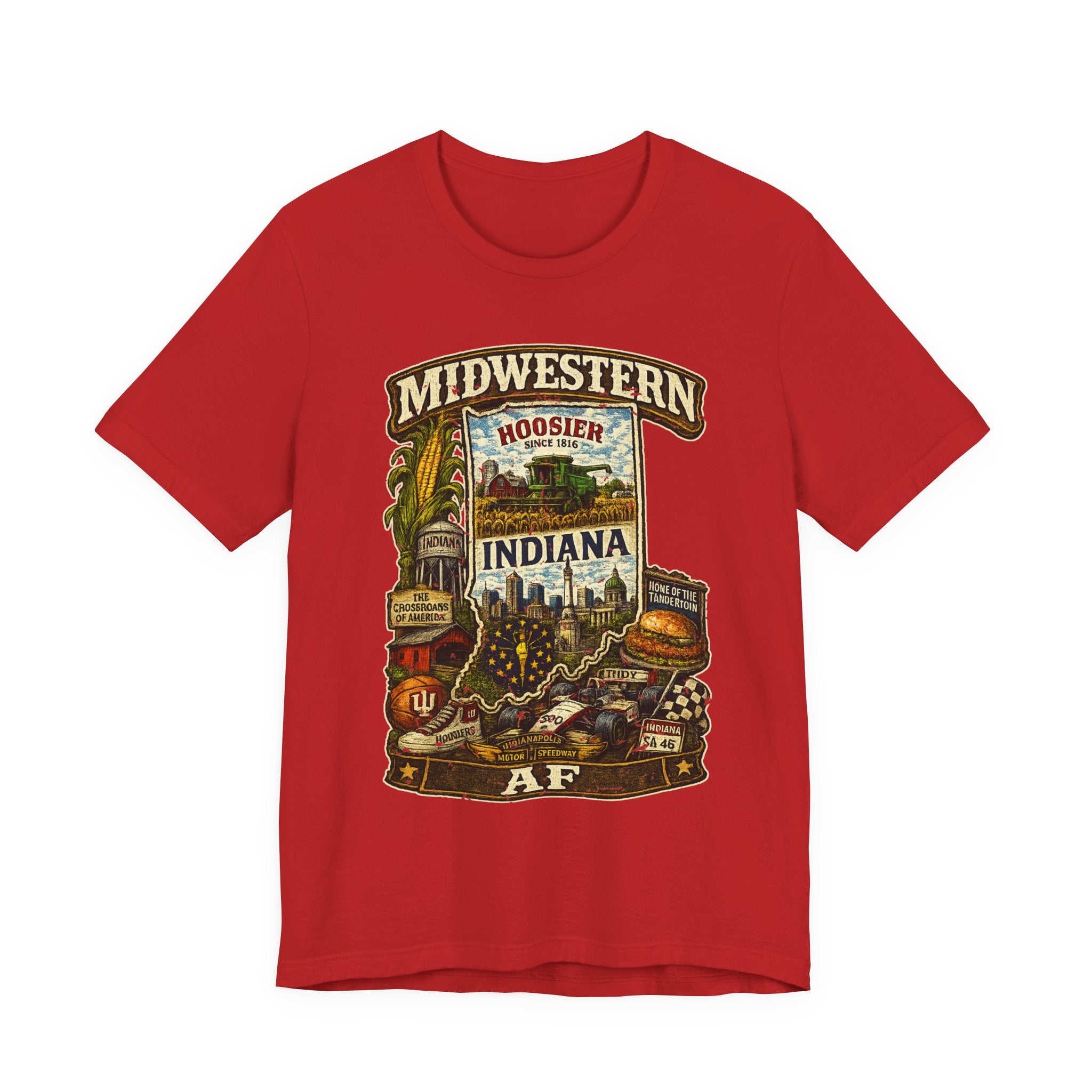 Red Midwestern AF Indiana T-Shirt, family friendly Hoosier State pride tee