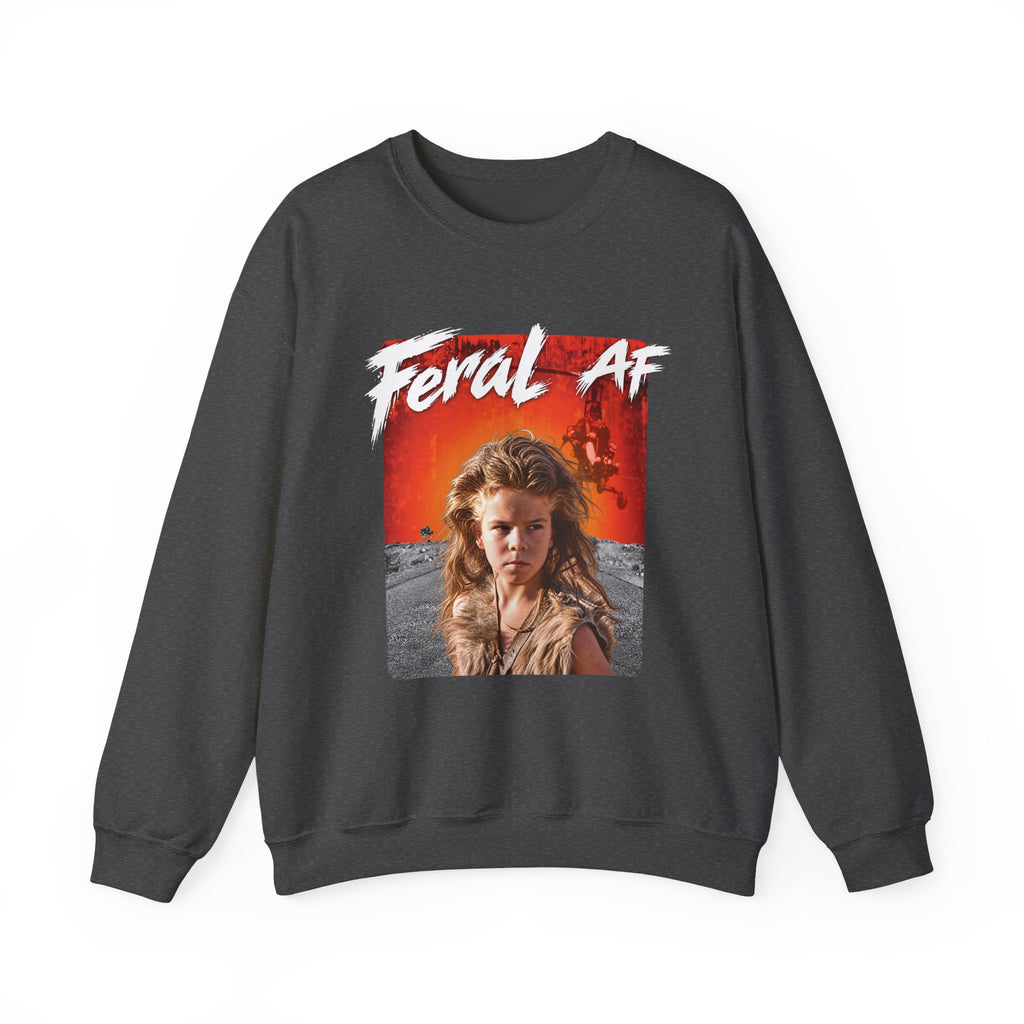 Dark Heather Feral AF sweatshirt laid flat, charcoal marl with the full-colour front graphic