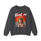 Dark Heather Feral AF sweatshirt laid flat, charcoal marl with the full-colour front graphic