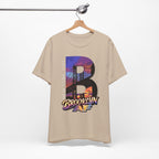 Tan t-shirt on a hanger, front view showing the full 'B' Brooklyn Bridge sunset skyline graphic and 'Brooklyn AF' logo