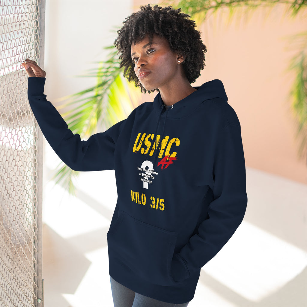 Woman wearing the Personalized USMC Marine Corps AF hoodie in Navy beside a sunlit window