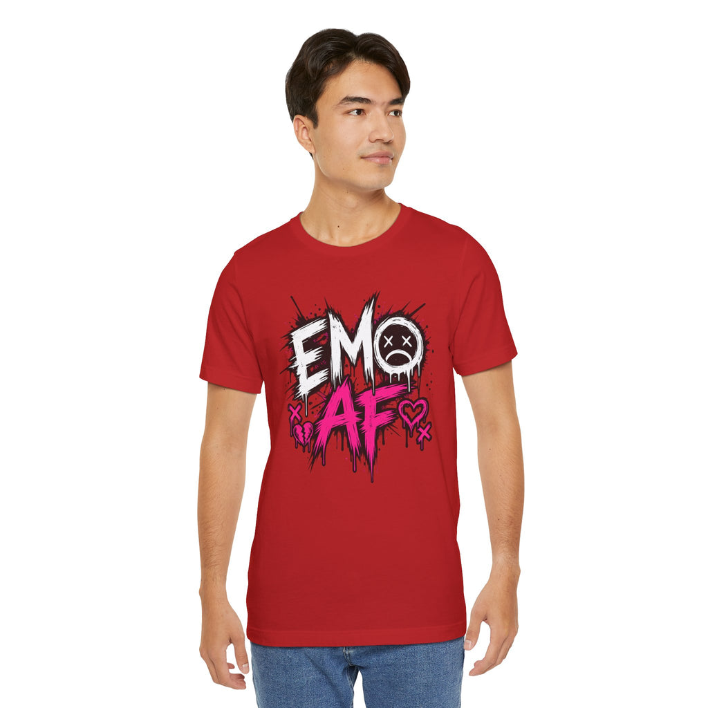 Man wearing the Red EMO AF T-Shirt with jeans, front print centred
