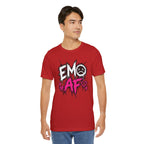 Man wearing the Red EMO AF T-Shirt with jeans, front print centred