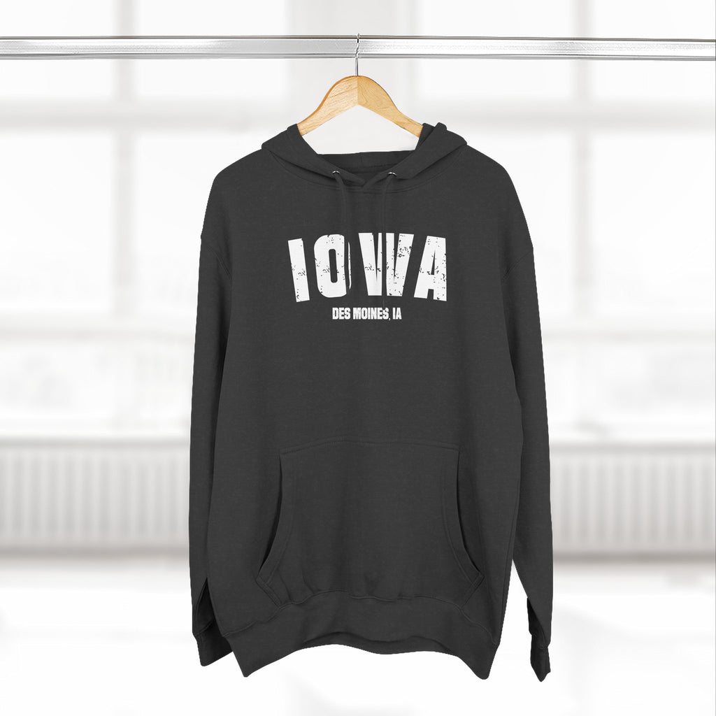 Charcoal heather Iowa hoodie on a hanger, white varsity IOWA lettering over DES MOINES IA