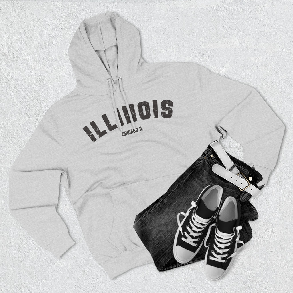 Heather Grey Illinois hoodie styled flat with jeans and sneakers, charcoal ILLINOIS and a Chicago IL line