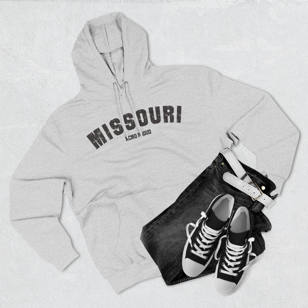 Heather grey Missouri hoodie styled flat with denim and trainers, varsity MISSOURI over KCMO PROUD