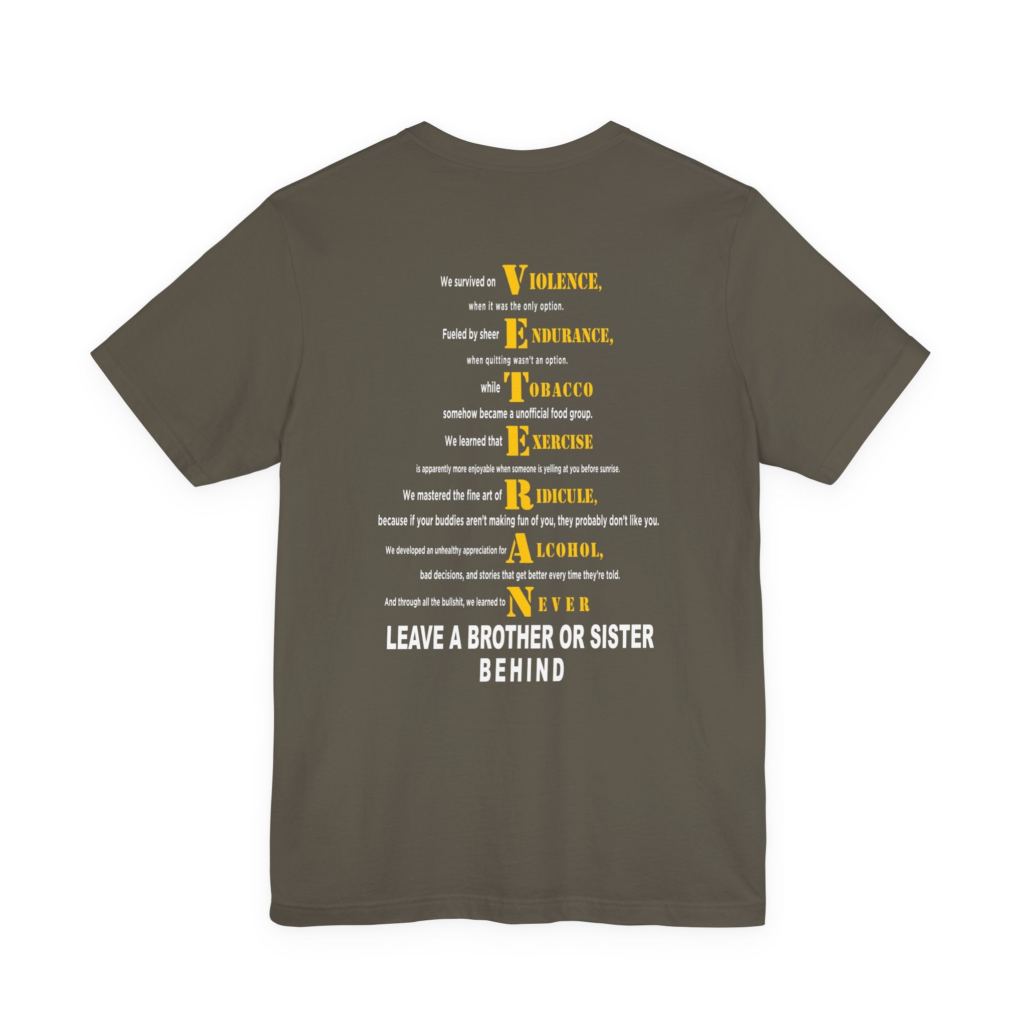 Marine Corps veteran T-shirt in Army green showing the VETERAN acrostic back print in gold