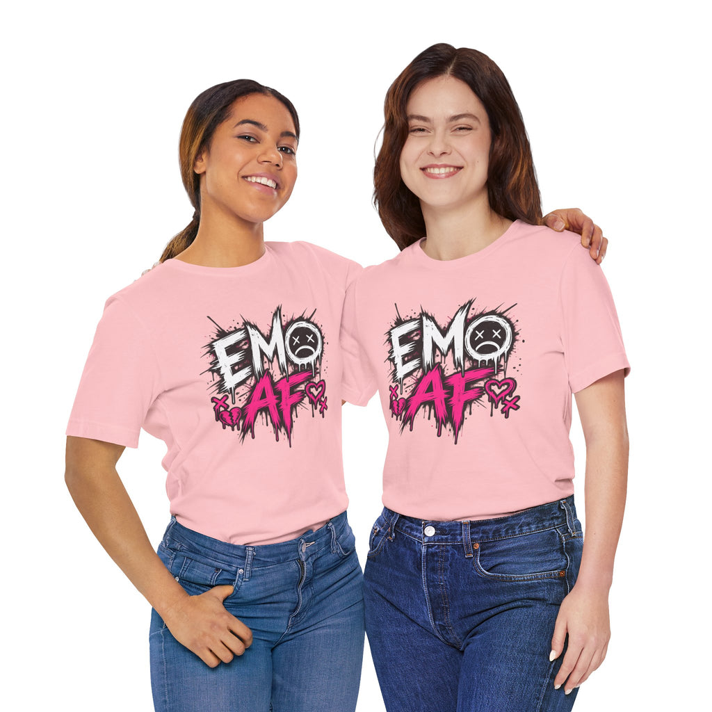 Two women wearing the Pink EMO AF tee with jeans