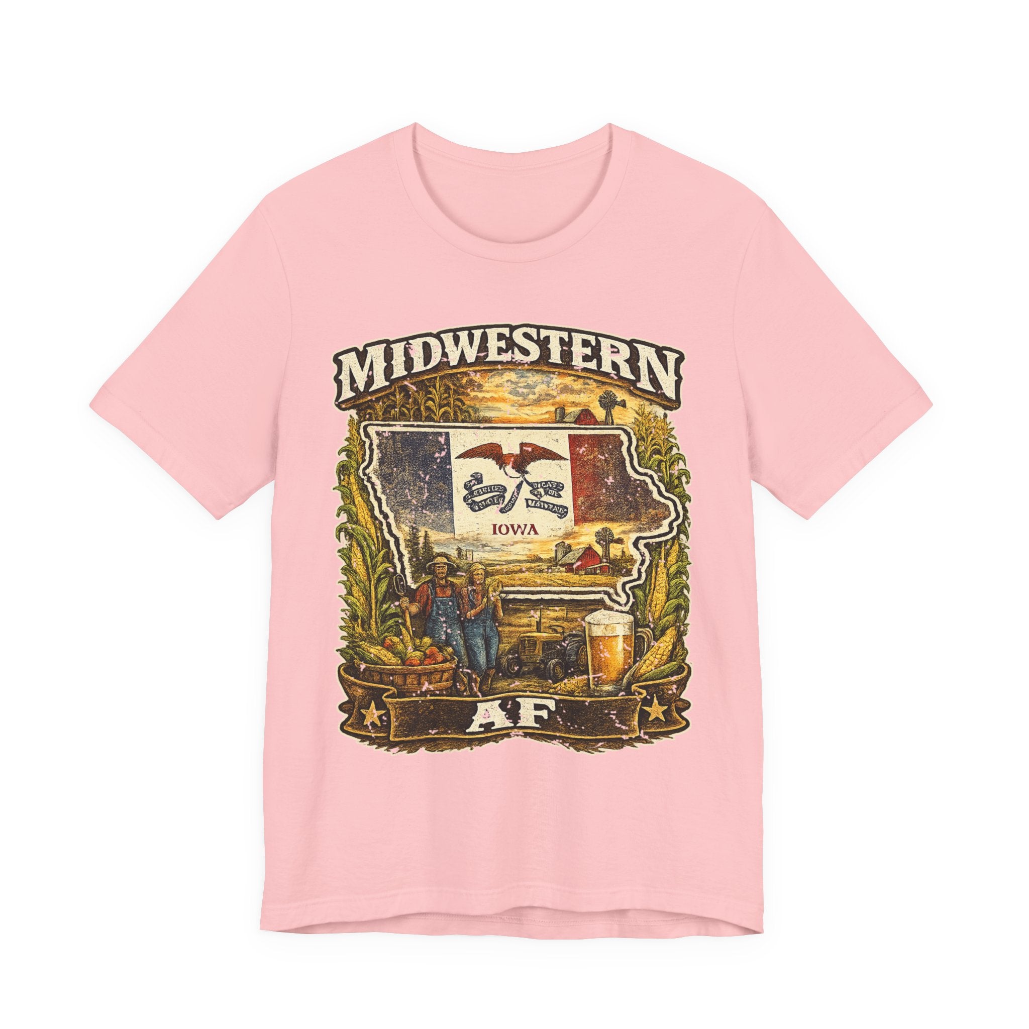 Family Friendly Midwestern AF Iowa T-Shirt in Pink – a distressed vintage design featuring the outline of Iowa overlaid with the Iowa state flag, surrounded by towering corn stalks, rolling farmland, a classic red barn, a windmill, a tractor, and an overflowing harvest basket