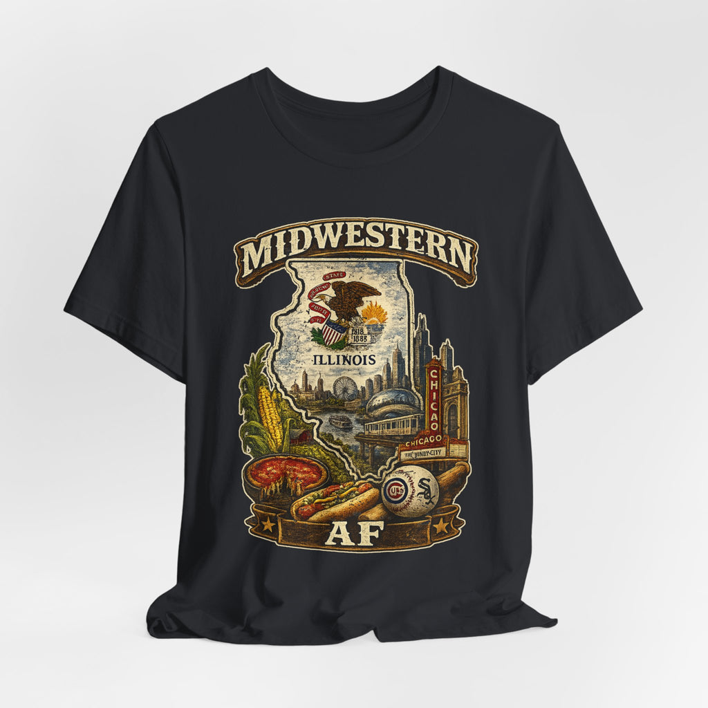 Family Friendly Midwestern AF Illinois T-Shirt – product photo 28 featuring a distressed vintage design featuring the Illinois state outline overlaid with the state flag, surrounded by the Chicago skyline, the Chicago Theatre sign, The Bean, deep-dish pizza, a Chicago-style hot dog, and towering corn fields
