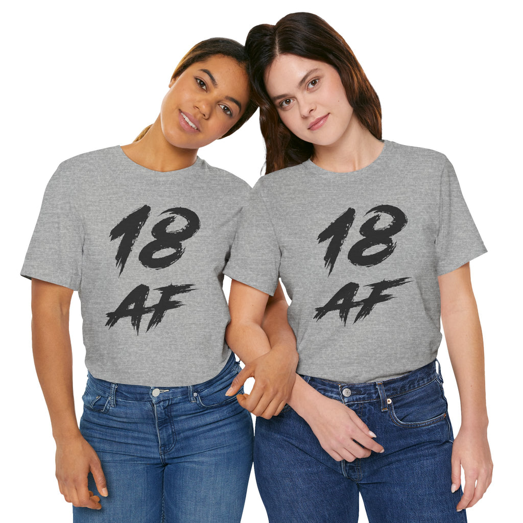 Two women side by side in Athletic Heather 18 AF tees with black lettering