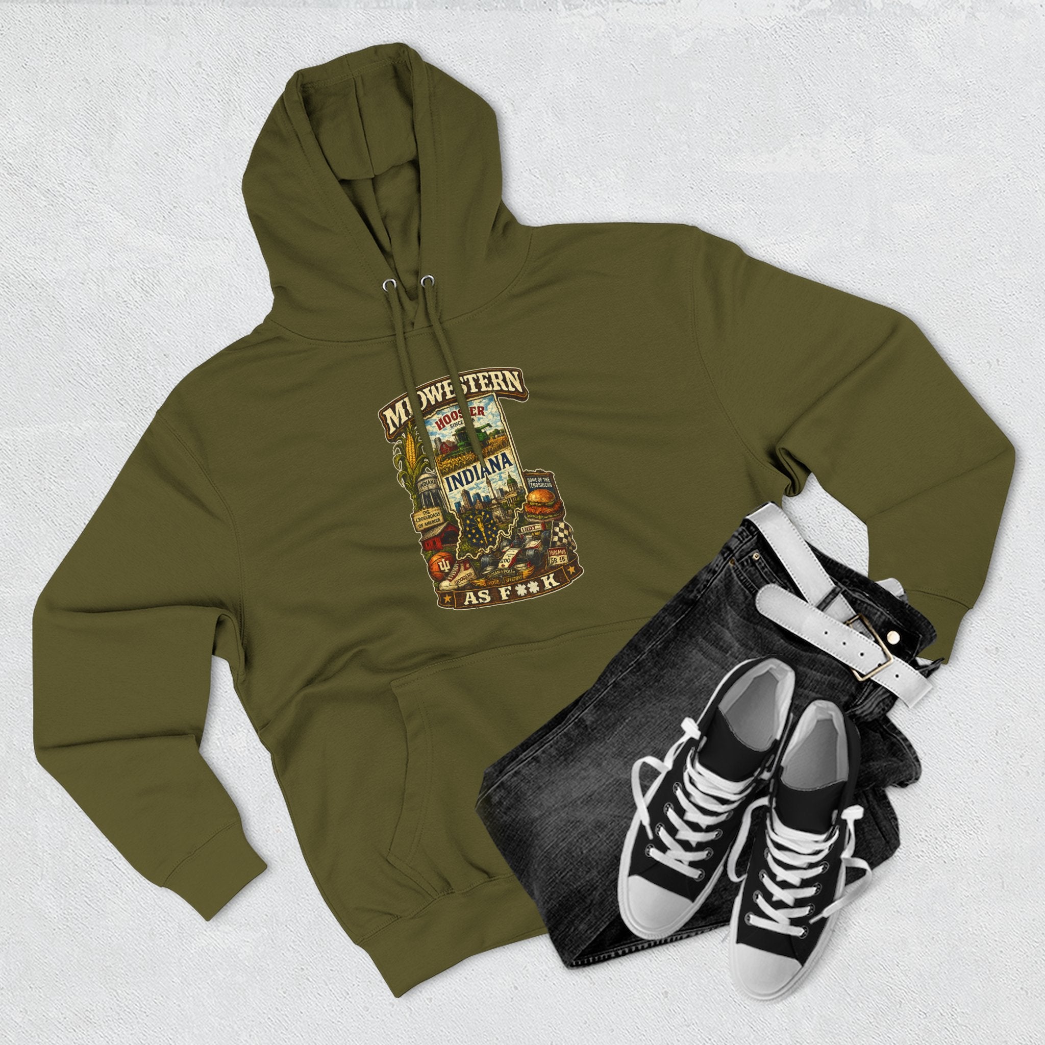 Indiana Midwestern As F**K Hoodie ribbed cuff detail, slightly salty Hoosier farm life and cornfield artwork