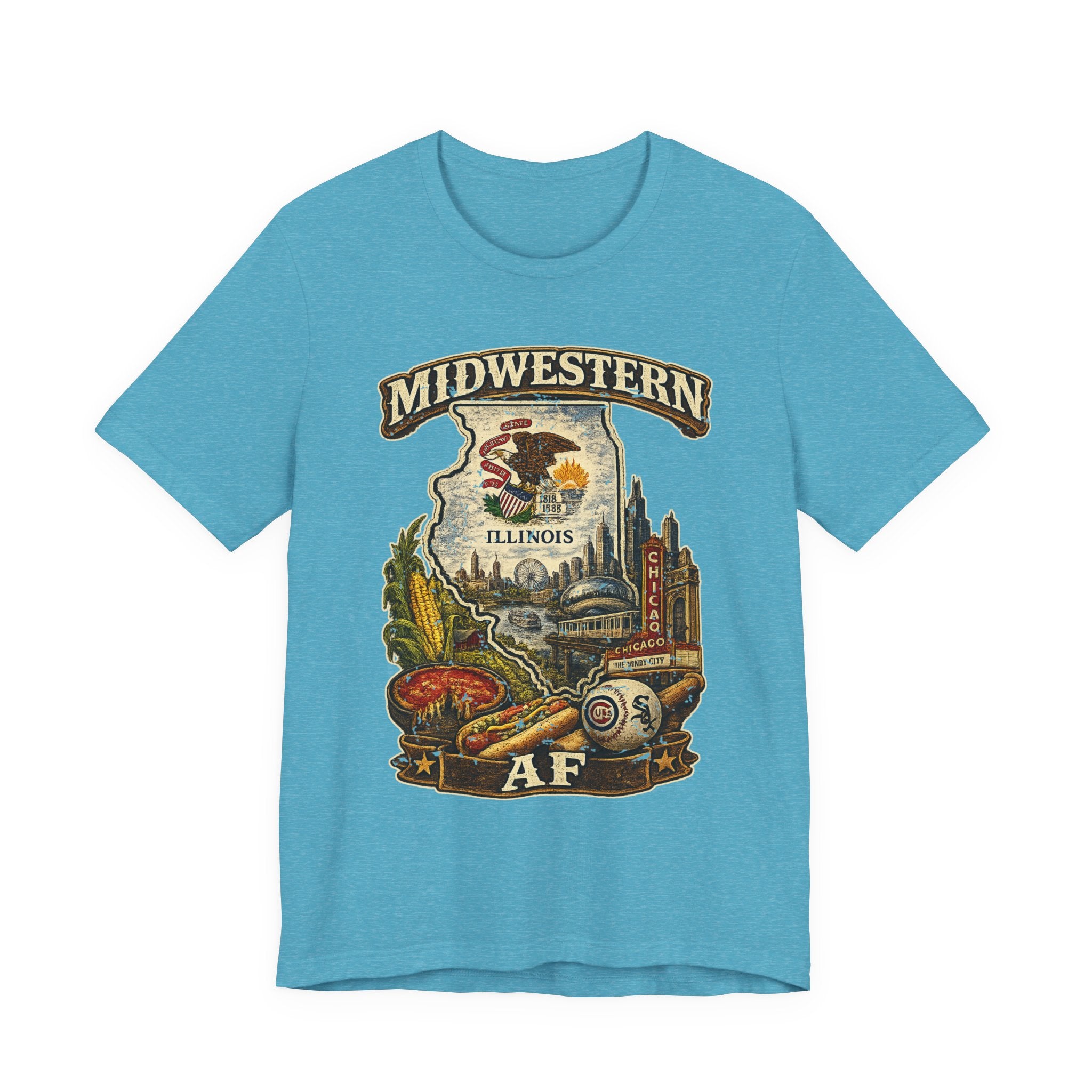 Family Friendly Midwestern AF Illinois T-Shirt in Heather Aqua – a distressed vintage design featuring the Illinois state outline overlaid with the state flag, surrounded by the Chicago skyline, the Chicago Theatre sign, The Bean, deep-dish pizza, a Chicago-style hot dog, and towering corn fields