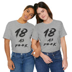 Two women side by side in Athletic Heather 18 AS F**K tees with black lettering